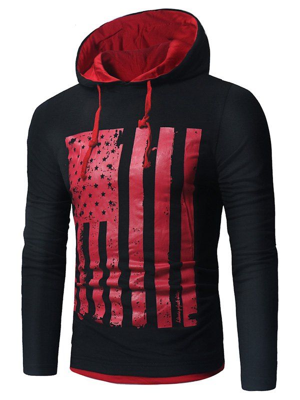 

Long Sleeve Distressed American Flag Print T-shirt, Red with black