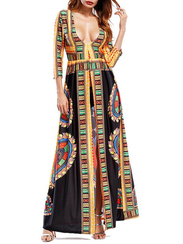 

Tribal Print Plunging Neckline High Slit Maxi Dress, Black