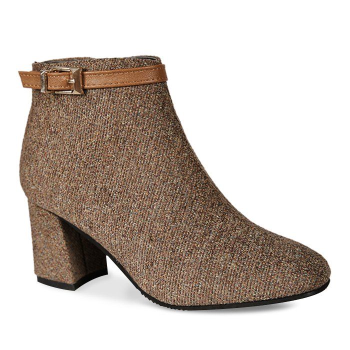 

Buckle Strap Embellished Chunky Heel Boots, Brown
