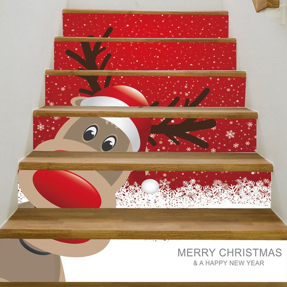 

Christmas Deer Pattern Decorative Stair Stickers, Red