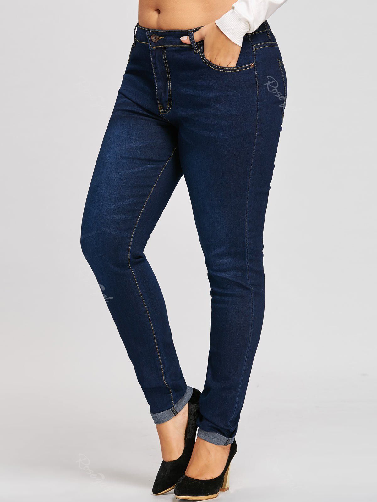 

Plus Size Ninth Midi Waist Cuffed Jeans, Denim blue