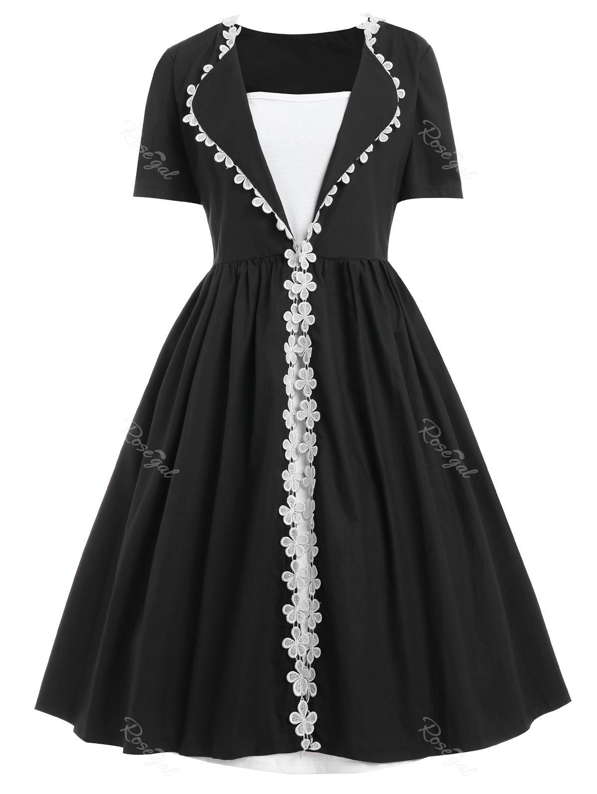 

Plus Size Floral Lace Trim Vintage Dress, Black