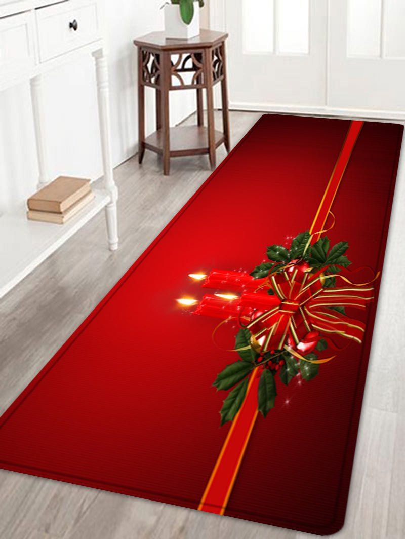 

Christmas Bowknot Candle Pattern Anti-skid Water Absorption Area Rug, Red