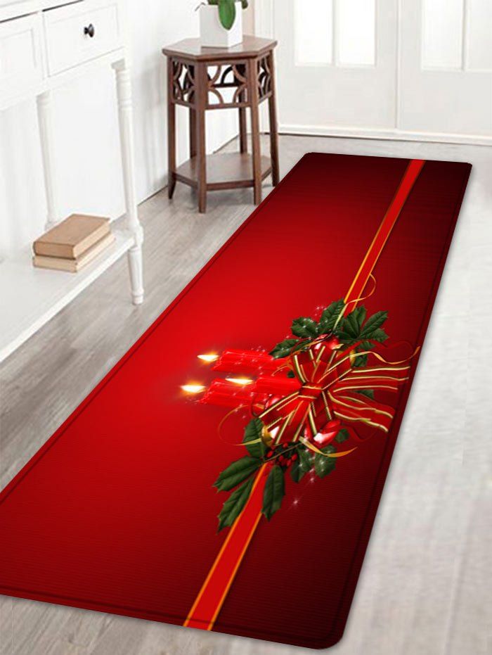 

Christmas Bowknot Candle Pattern Anti-skid Water Absorption Area Rug, Red