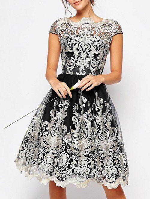 

Vintage Embroidery Cap Sleeve Party Dress, Black