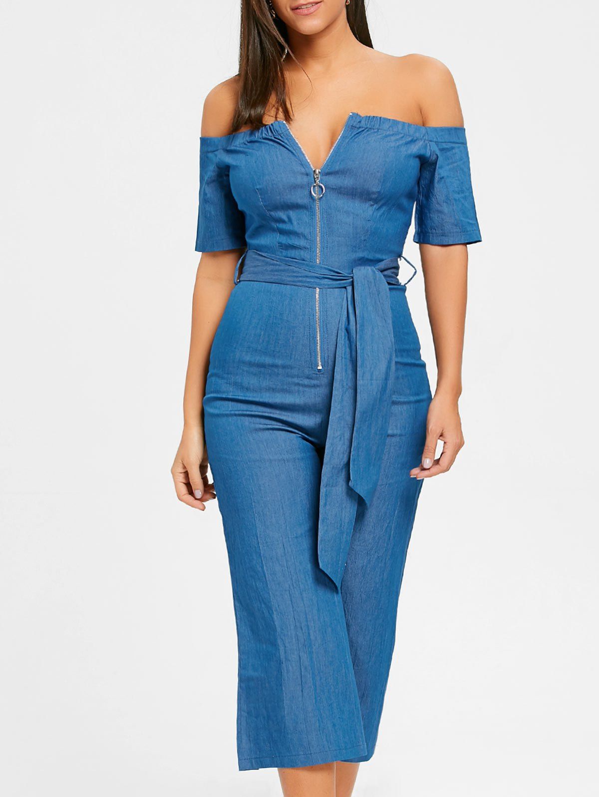 

Zippered Off The Shoulder Belted Wide Leg Jumpsuit, Blue