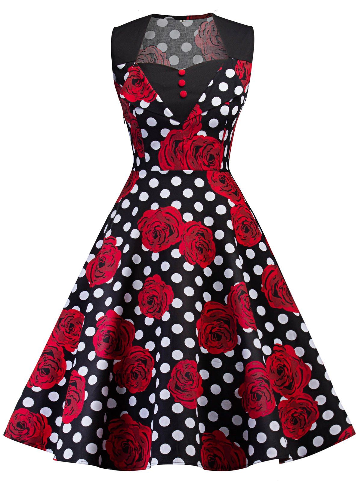 

Vintage Polka Dot Floral Print Pin Up Dress, Black