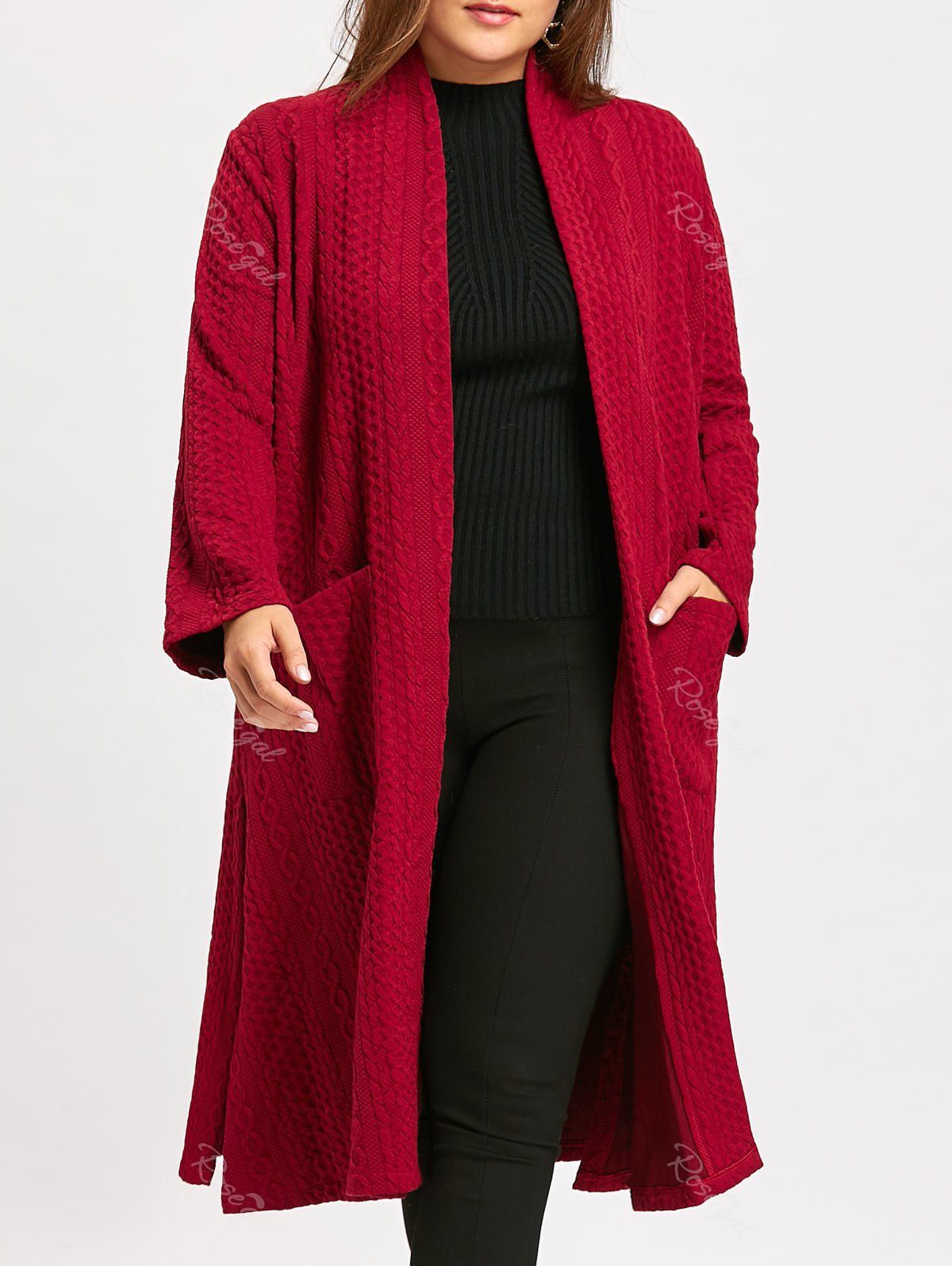 

Plus Size Jacquard Slit Maxi Collarless Coat, Red