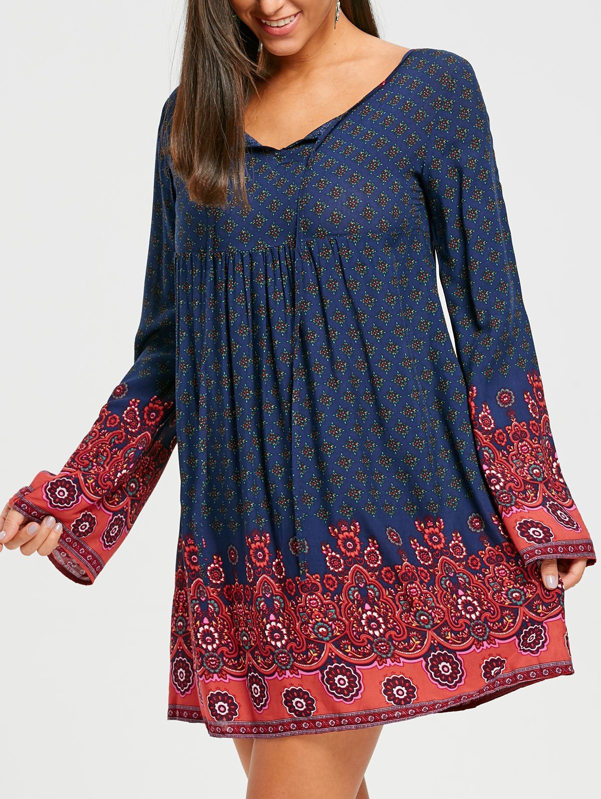 

Bohemian Bell Sleeve Keyhole Mini Dress, Purplish blue