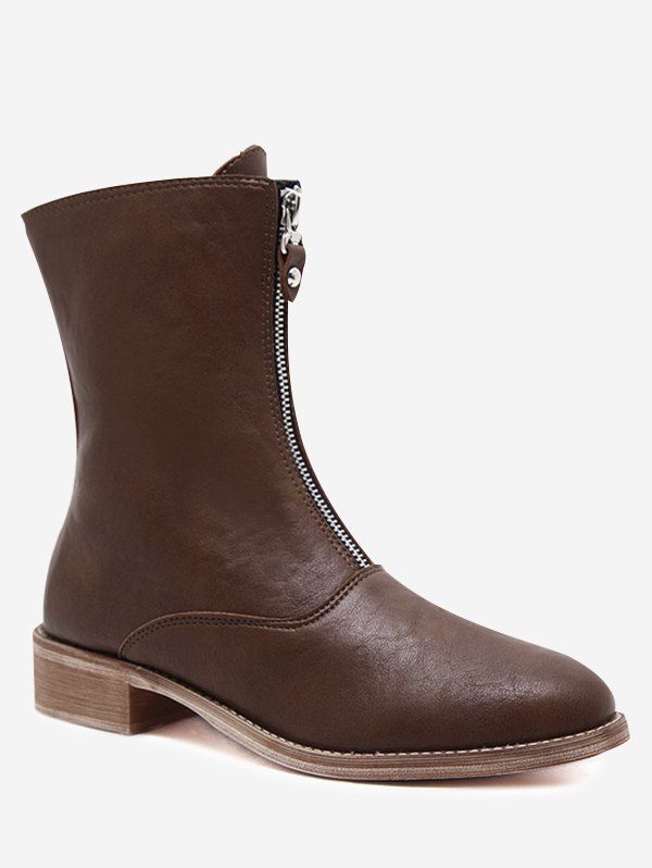 

Front Zip PU Leather Cork Heel Boots, Deep brown