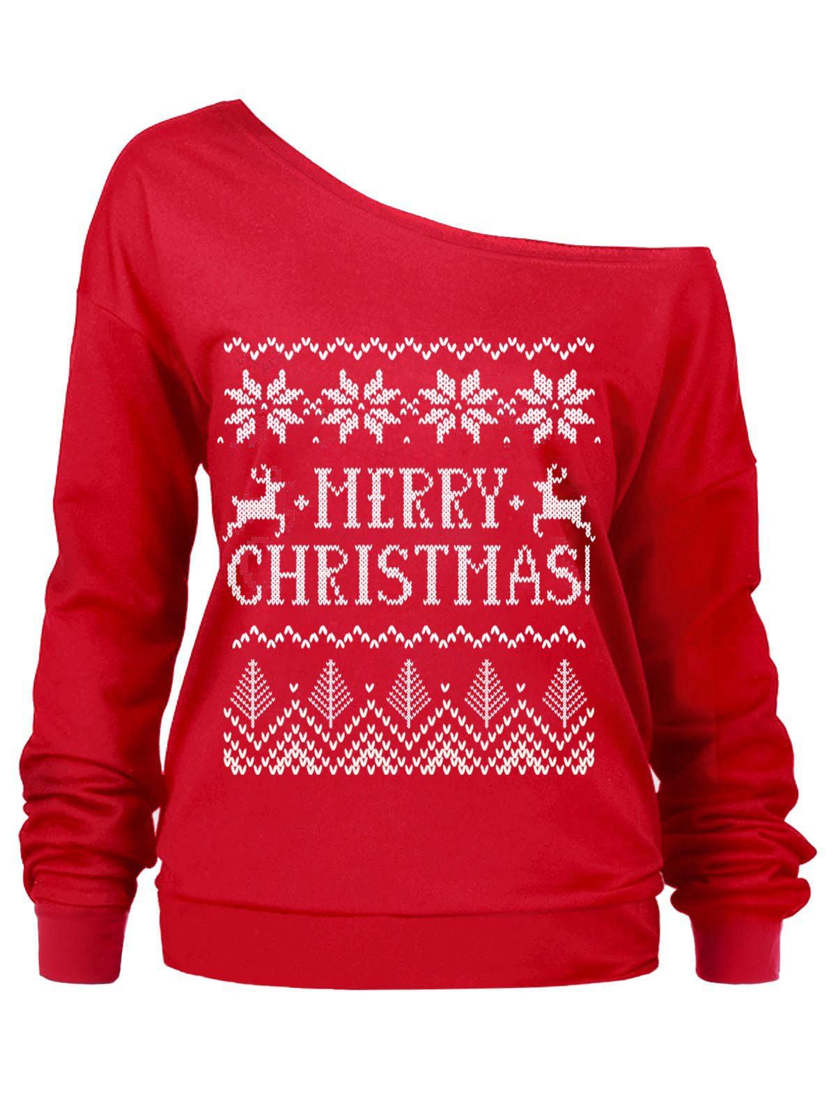 

Christmas Letters Print Skew Neck Sweatshirt, Red