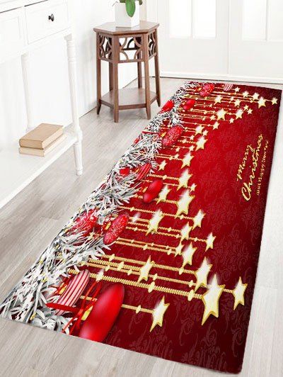 

Christmas Hanging Ball Star Print Nonslip Flannel Bath Rug, Dark red
