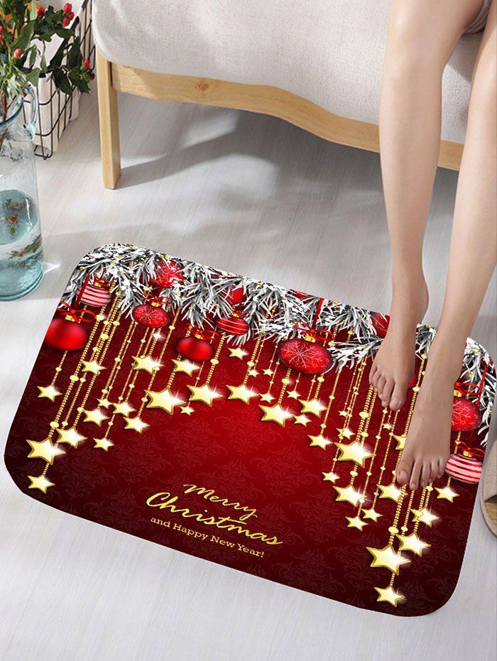 

Christmas Hanging Ball Star Print Nonslip Flannel Bath Rug, Dark red