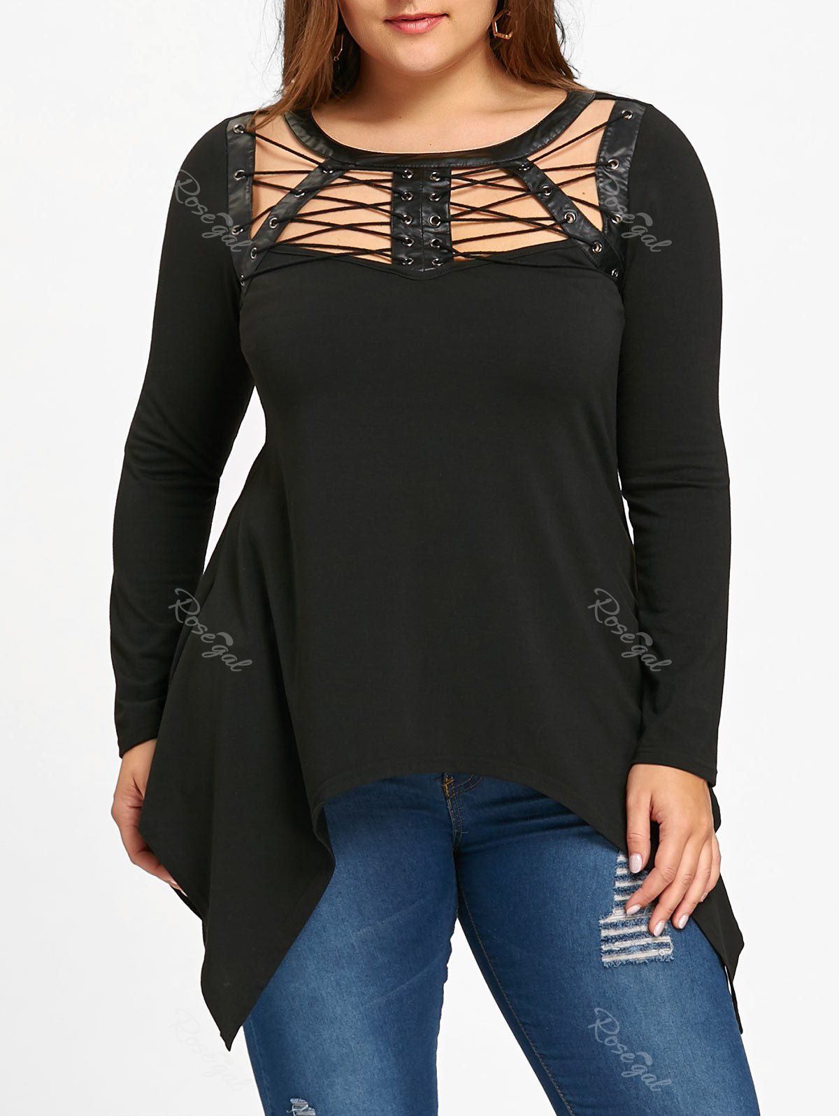 

Plus Size PU Leather Panel Lace Up Top, Black