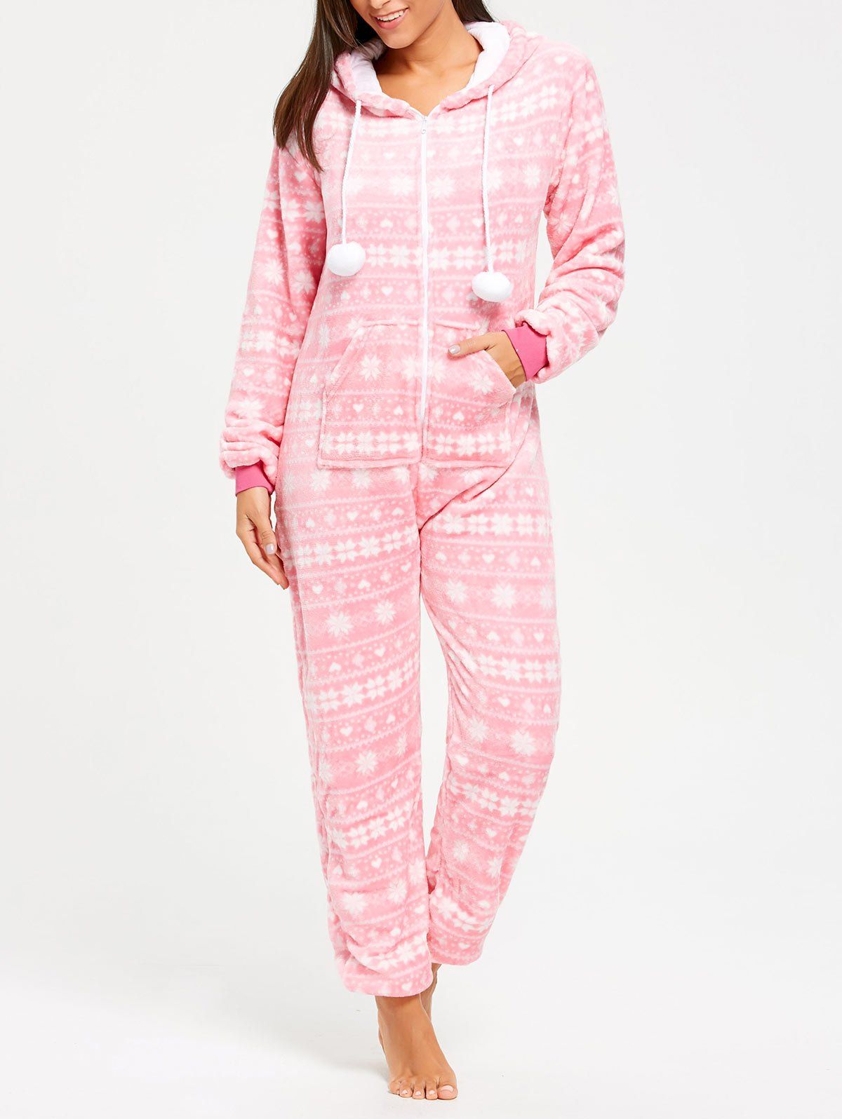 

Hooded Zip Fleece Jumpsuit Sleepwear, Pink
