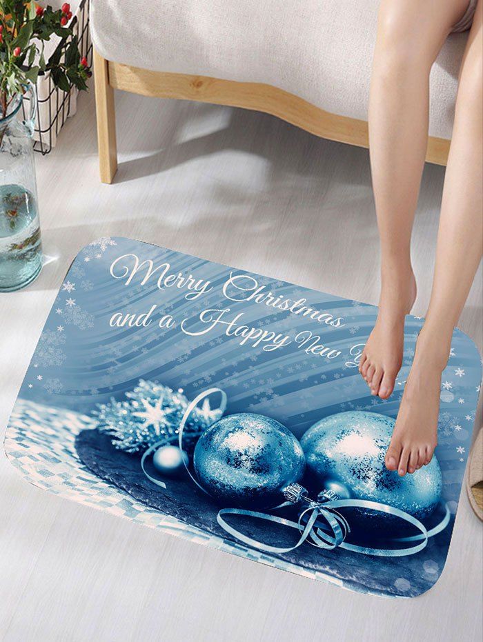 

Merry Christmas Balls Print Skidproof Flannel Bath Rug, Blue