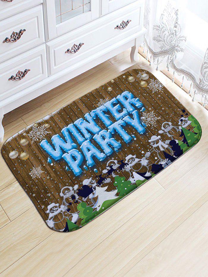 

Christmas Snowmen Winter Party Wood Print Nonslip Flannel Bath Rug, Brown