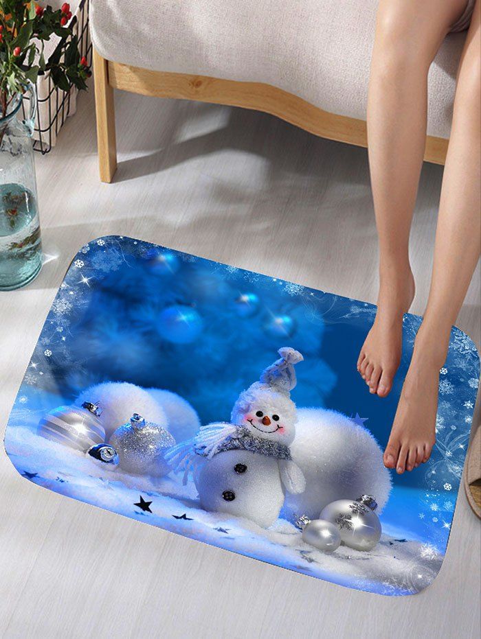 

Christmas Snowman Snowball Print Flannel Skidproof Bath Mat, Blue