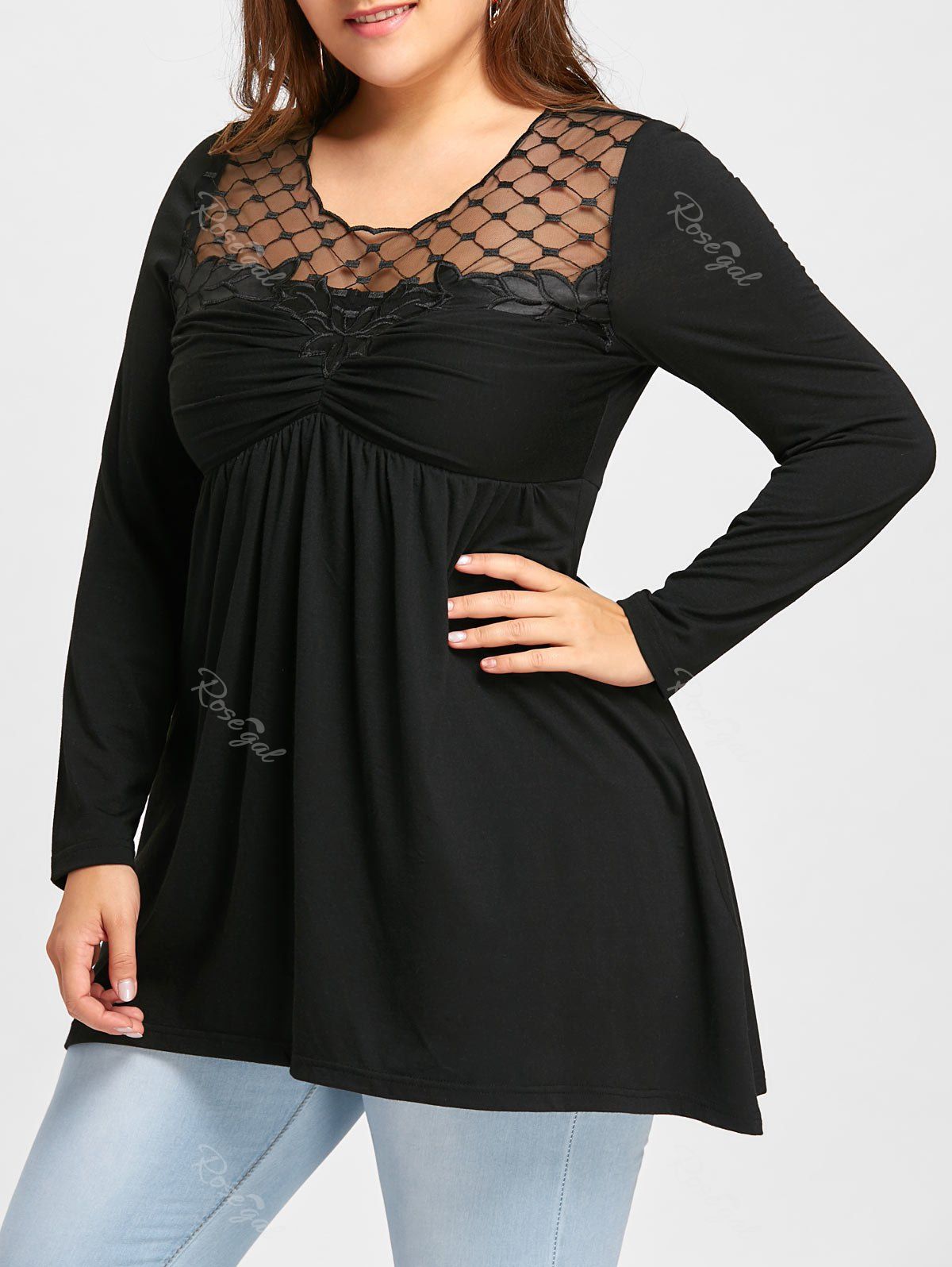 

Plus Size Empire Wasit Appliqued Long Sleeve T-shirt, Black