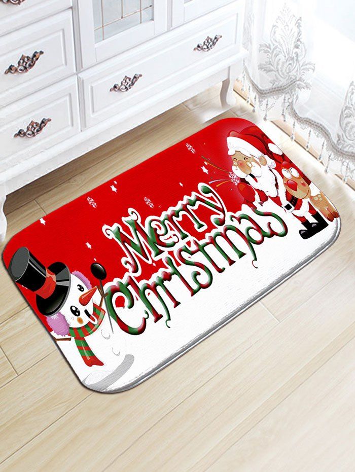 

Christmas Snowman and Santa Claus Print Flannel Nonslip Bath Rug, Red