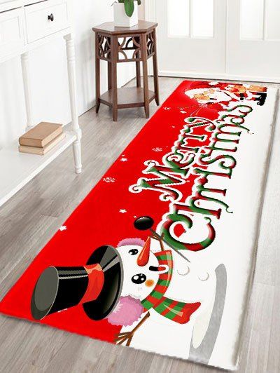 

Christmas Snowman and Santa Claus Print Flannel Nonslip Bath Rug, Red