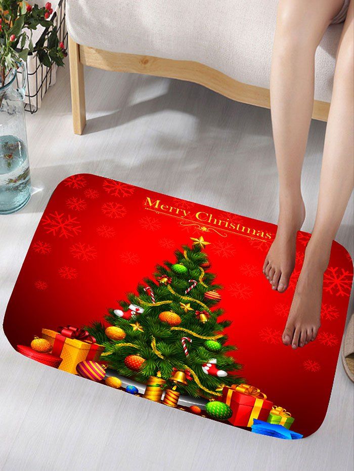 

Christmas Tree and Gift Print Flannel Antiskid Bath Rug, Red