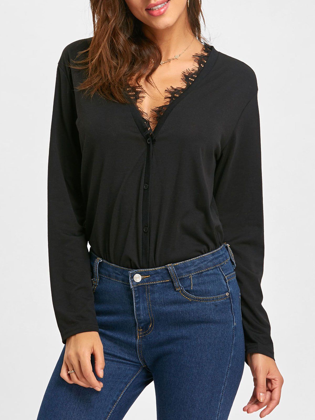 

Crochet Button Up Low Cut Blouse, Black