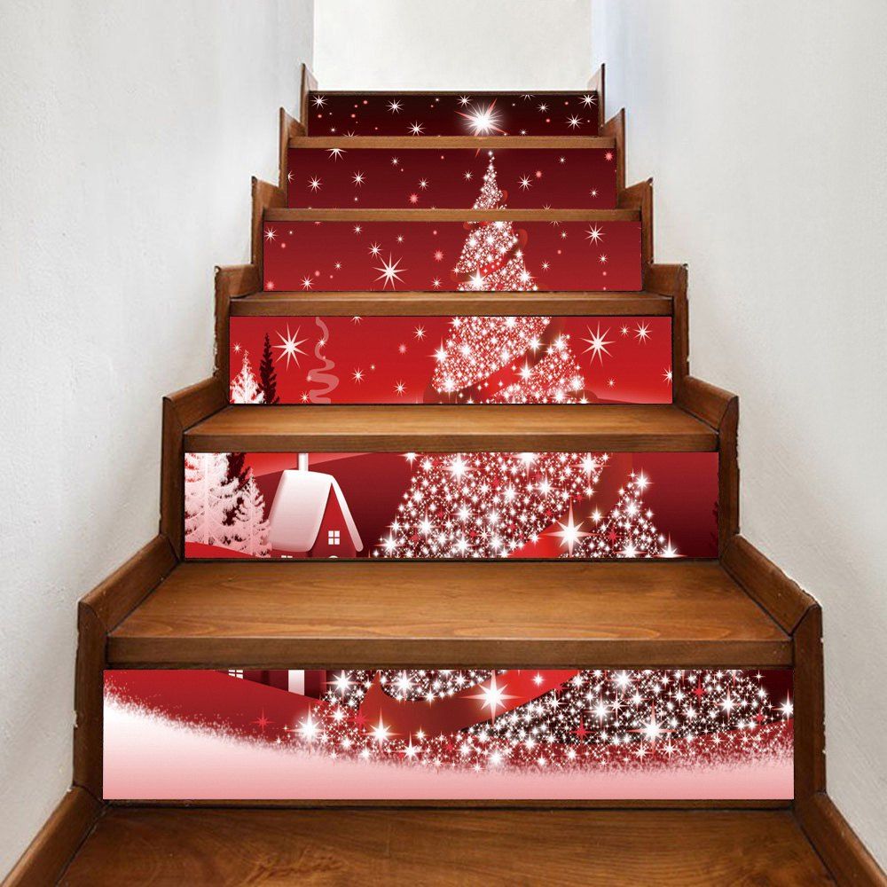 

Christmas Star Tree House Pattern Decorative Stair Stickers, Red