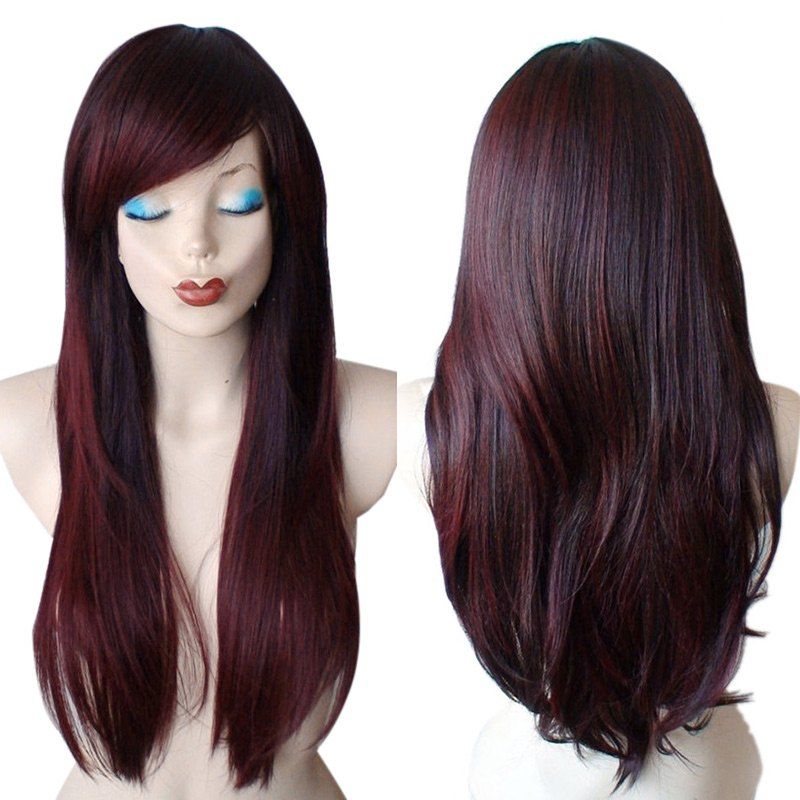 

Long Inclined Bang Colormix Straight Synthetic Wig, Wine red