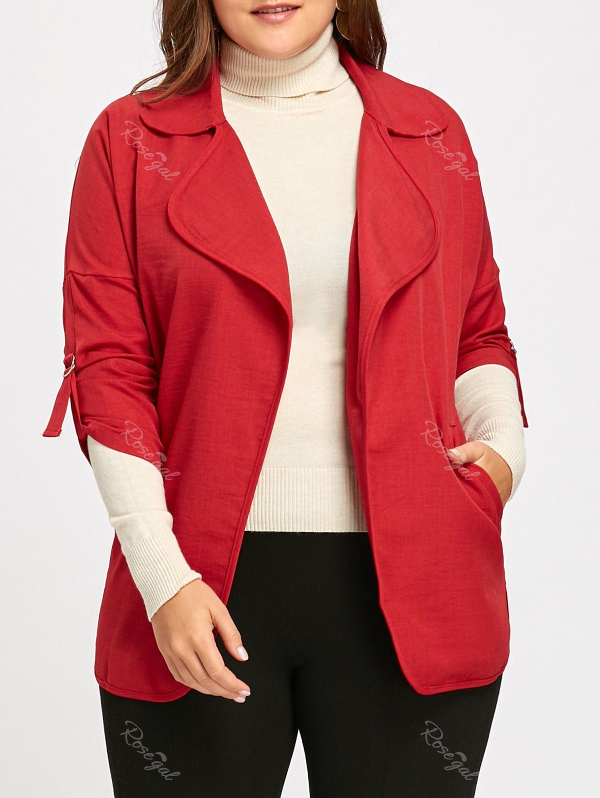 

Roll Up Sleeve Turndown Collar Plus Size Trench Coat, Red