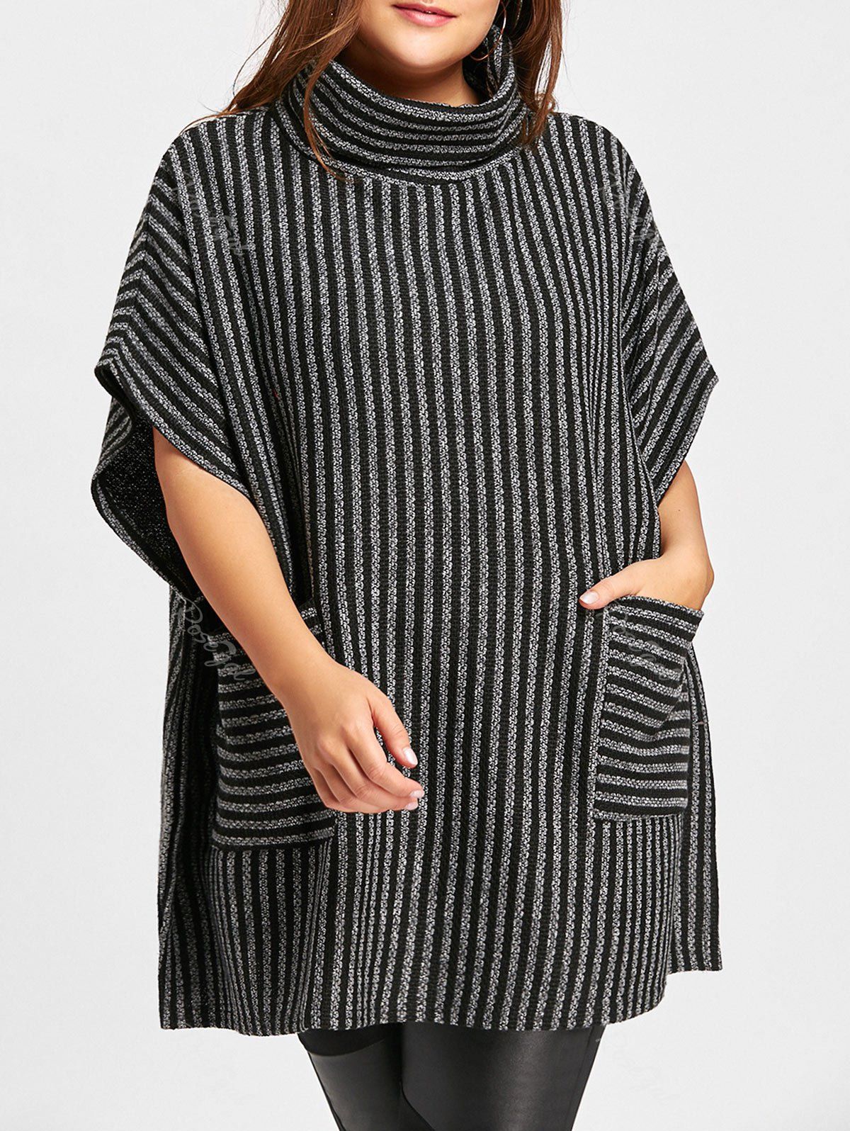 

Striped Turtleneck Poncho Plus Size Sweater, Black