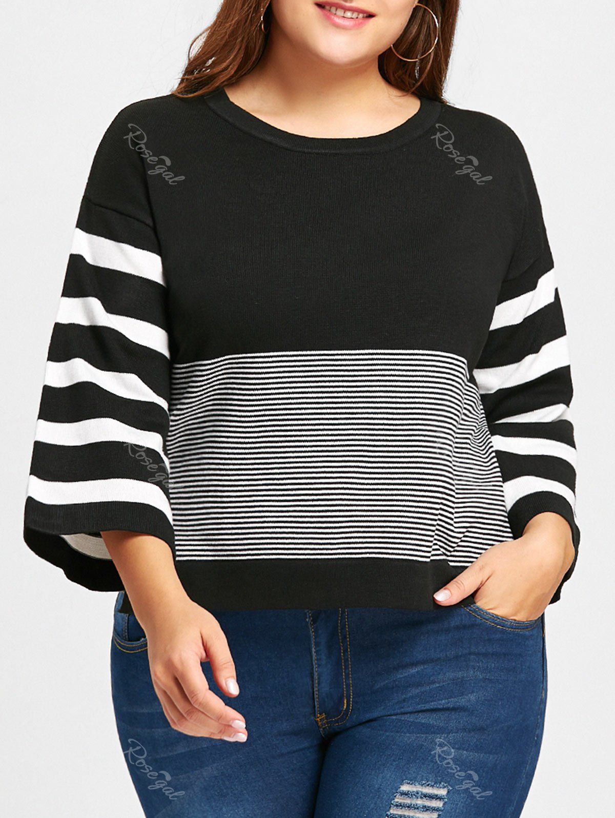 

Striped High Low Plus Size Sweater, Black
