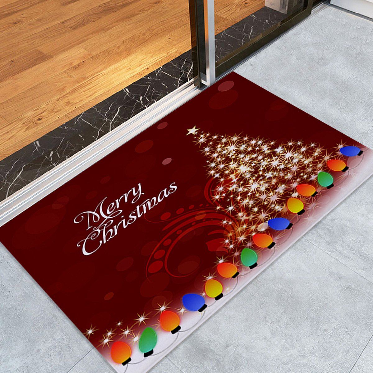 

Sparkling Christmas Tree Print Skidproof Coral Fleece Bath Rug, Deep red