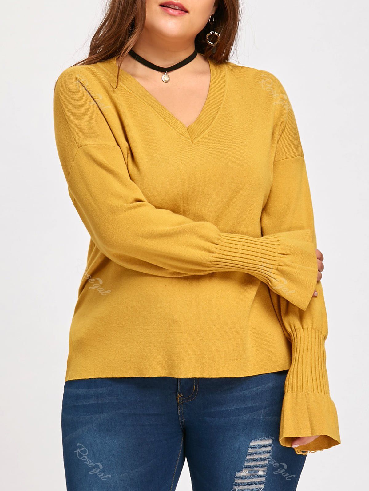

Flounce Plus Size Lantern Sleeve V Neck Sweater, Yellow