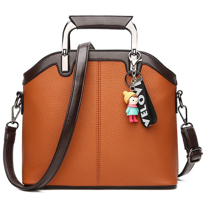 

Letter Cartoon Pendant Contrasting Color Crossbody Bag, Brown