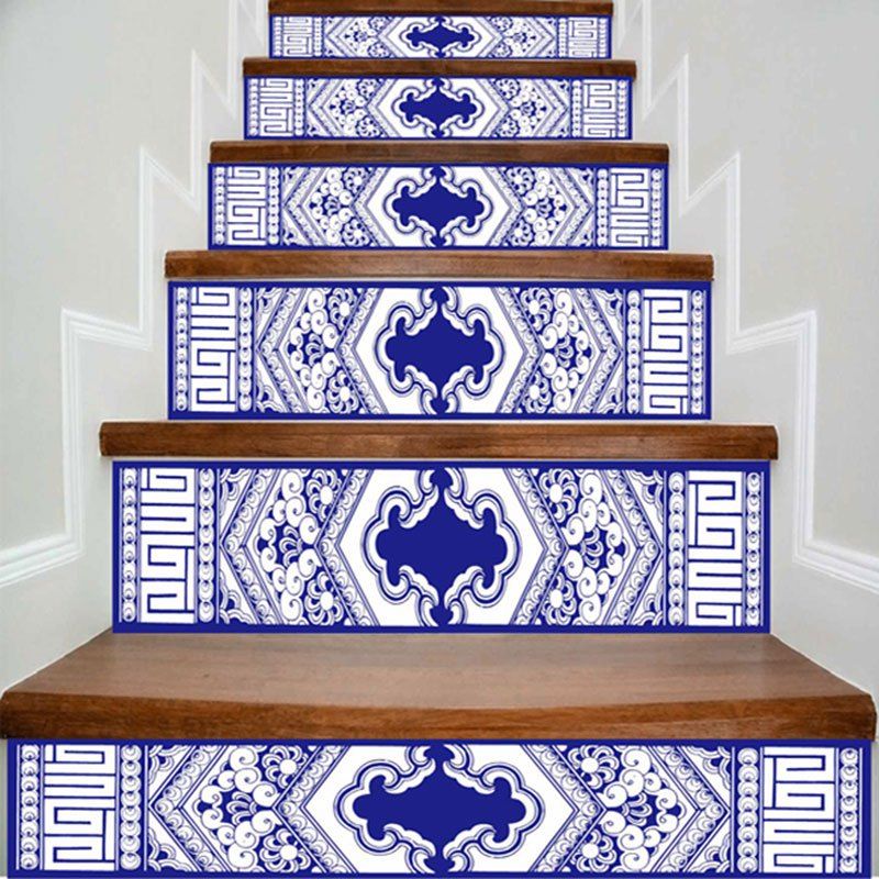 

Geometric Printed Decorative DIY Stair Stickers, Blue and white