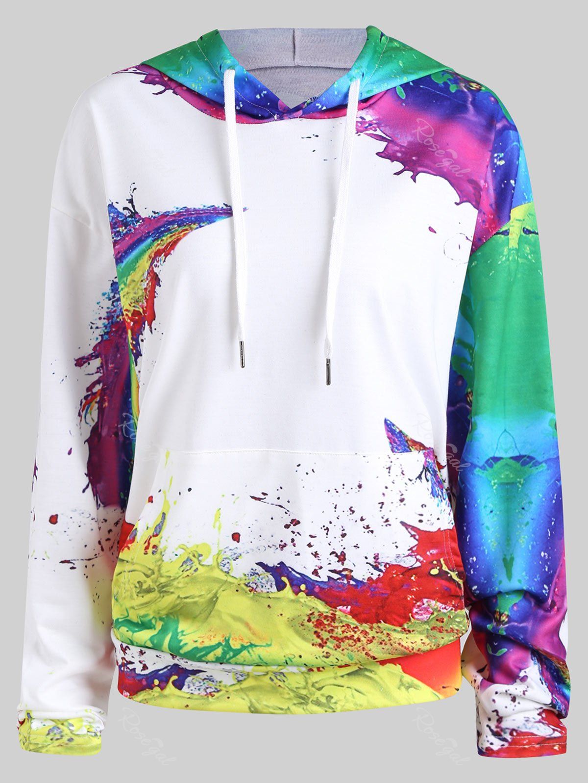 

Plus Size Rainbow Oil Painting Kangaroo Hoodie, White