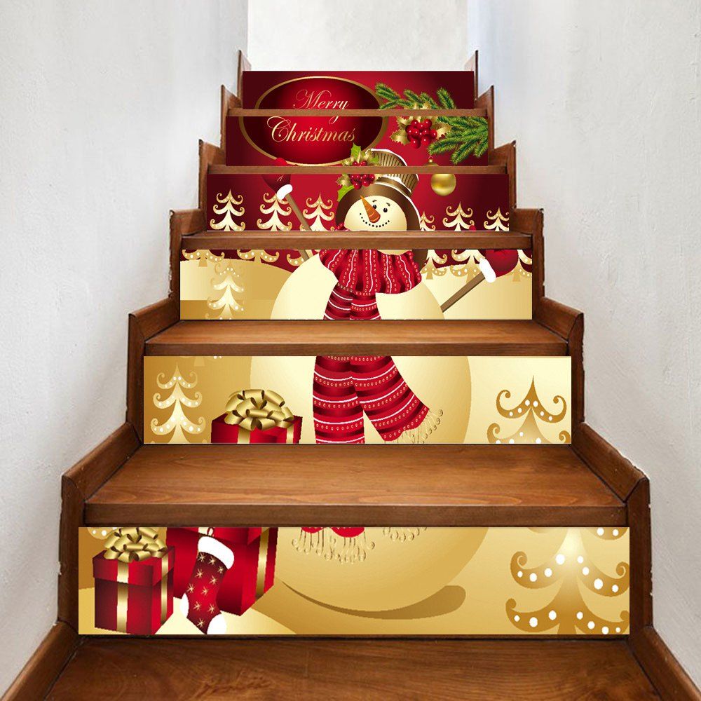 

Christmas Happy Snowman Print Home Stairs Stickers 6pcs, Red