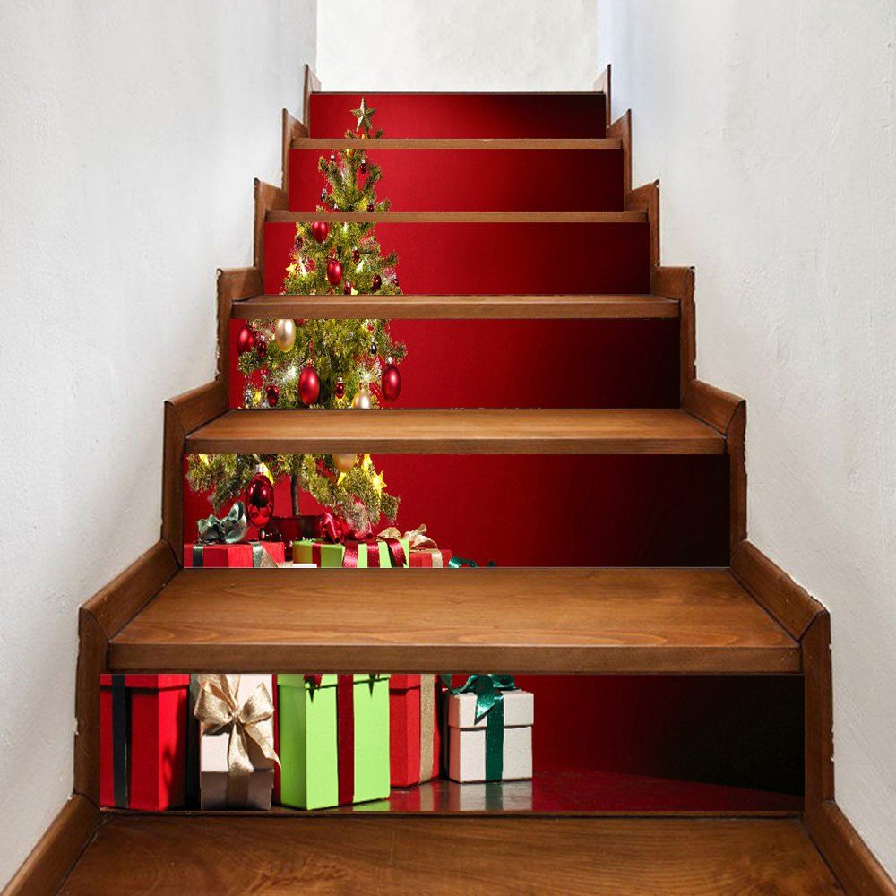 

Christmas Tree Print Home Stairs Stickers 6pcs, Red