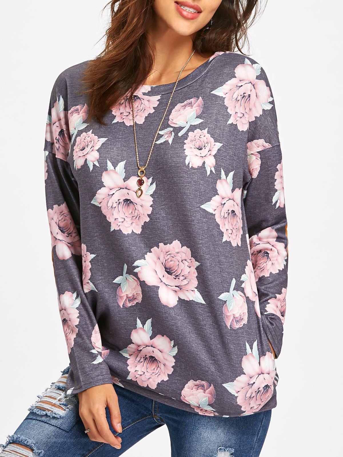 

Elbow Patch Long Sleeve Floral Tunic Top, Gray