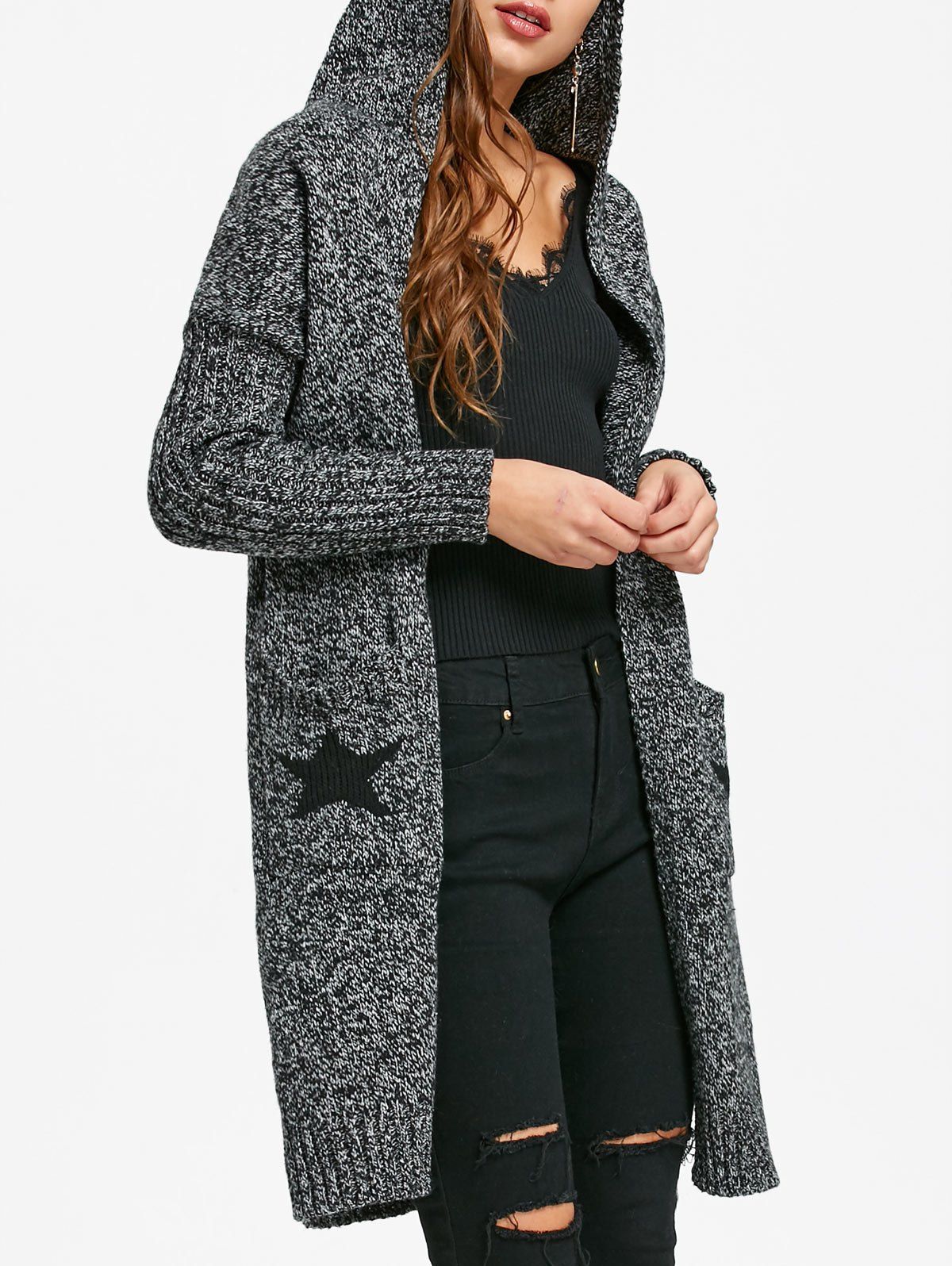 

Star Intarsia Longline Hooded Cardigan, Dark heather gray