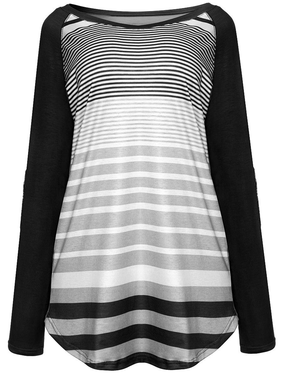 

Raglan Sleeve Elbow Patch Striped Top, Black