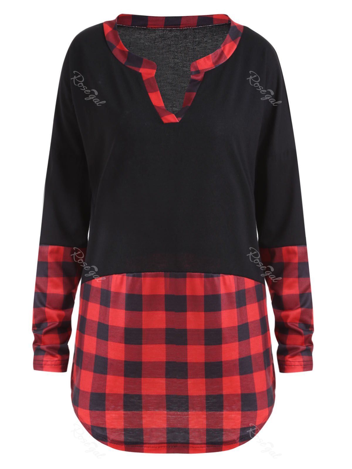 

Tartan Panel Split Plus Size Tunic Top, Black