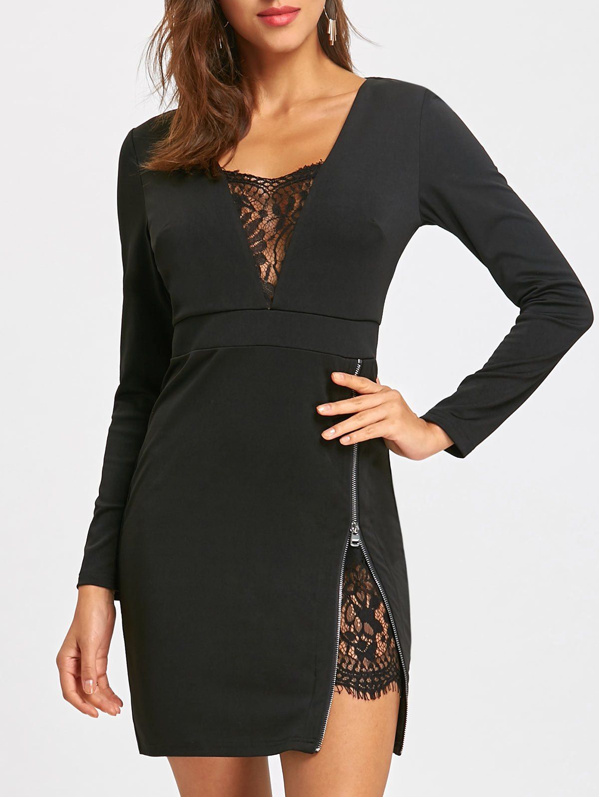 

Lace Panel Zip Side Mini Tight Pencil Dress, Black