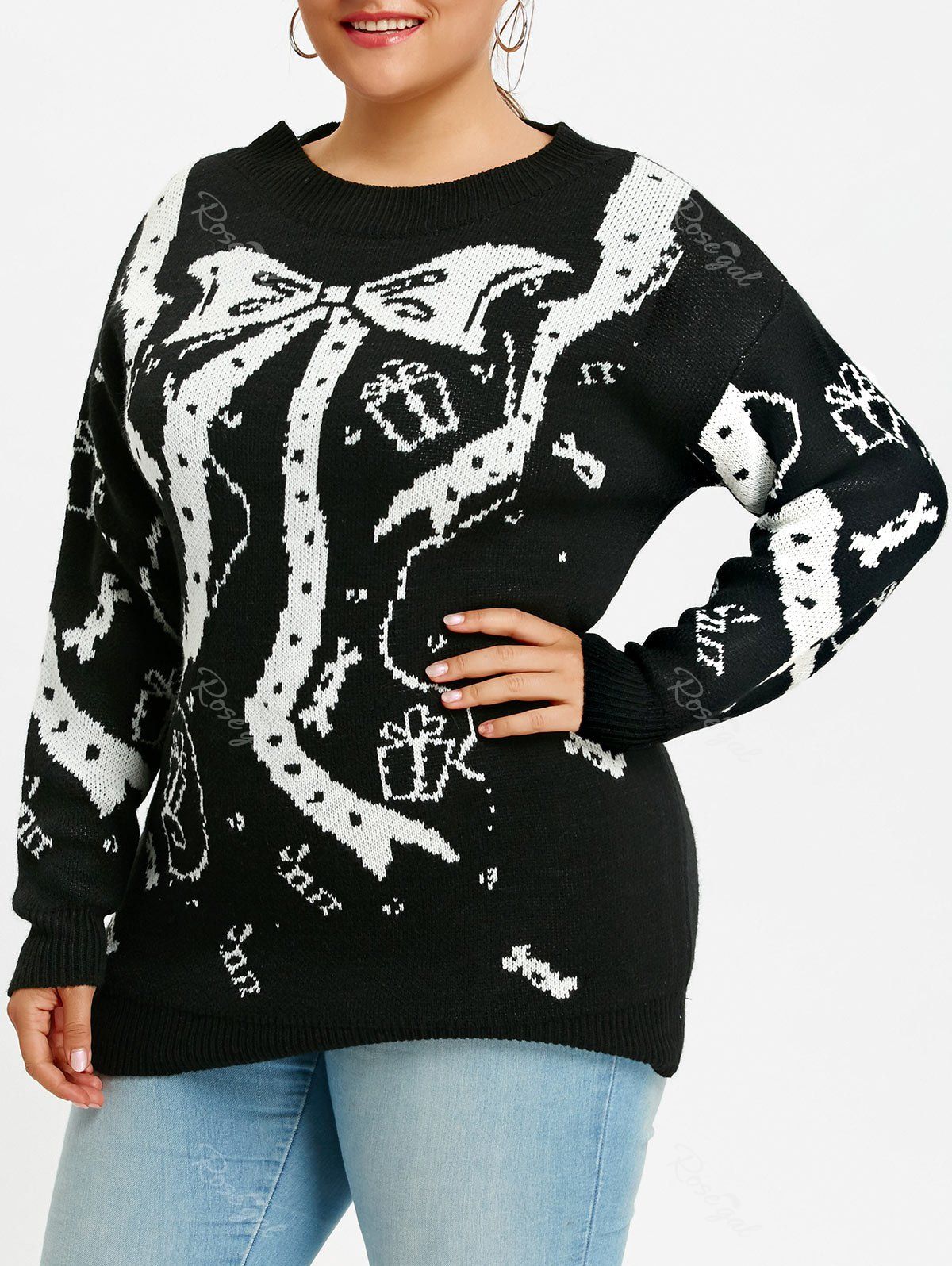 

Bowknot Pattern Plus Size Drop Shoulder Sweater, Black