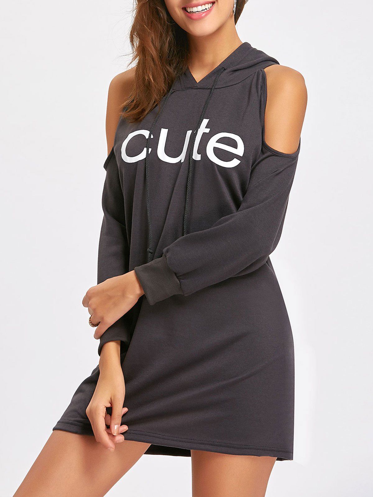 

Cold Shoulder Graphic Mini Hoodie Dress, Gray