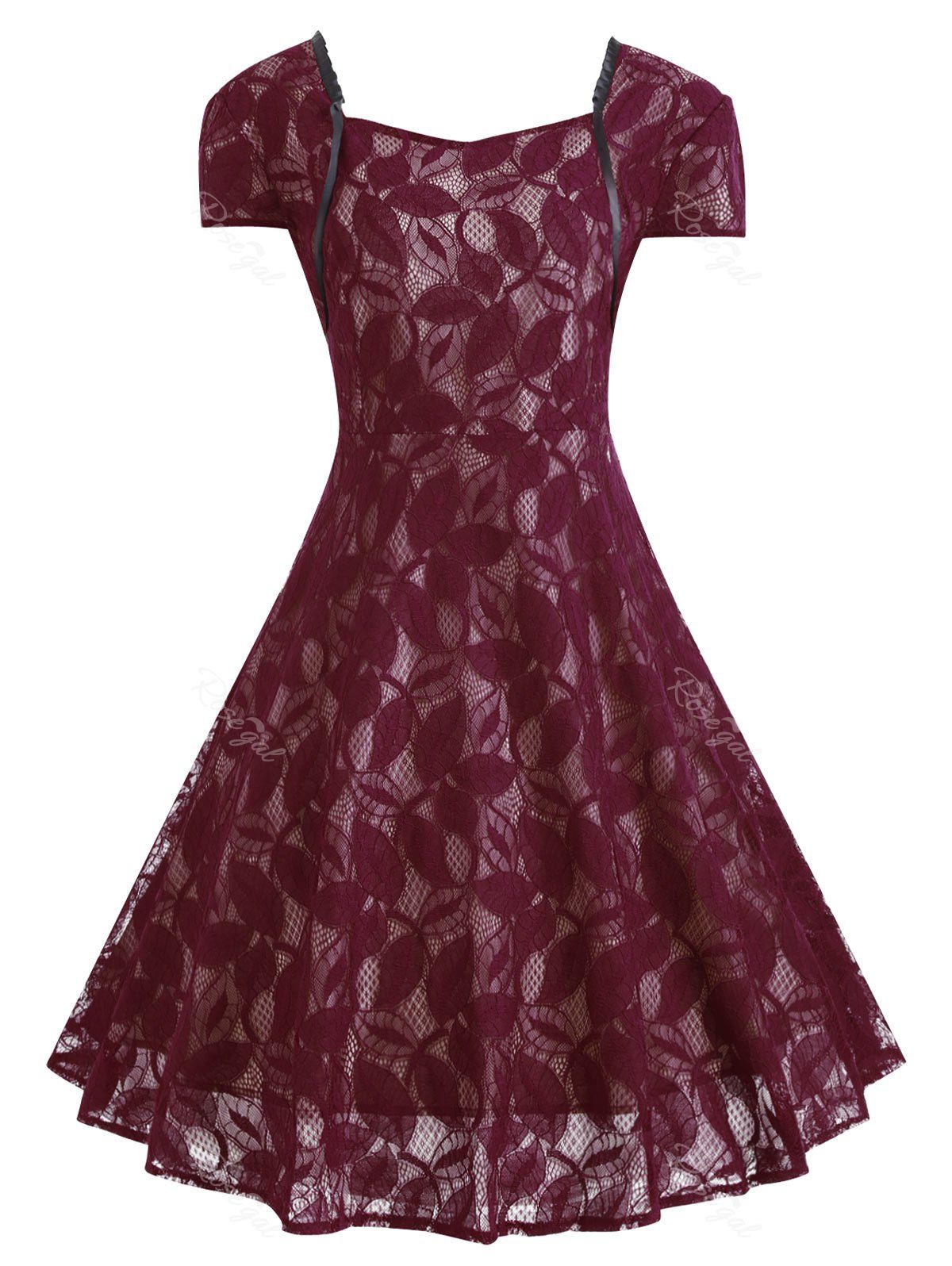 

Plus Size V Back Lace Midi Vintage Party Dress, Wine red