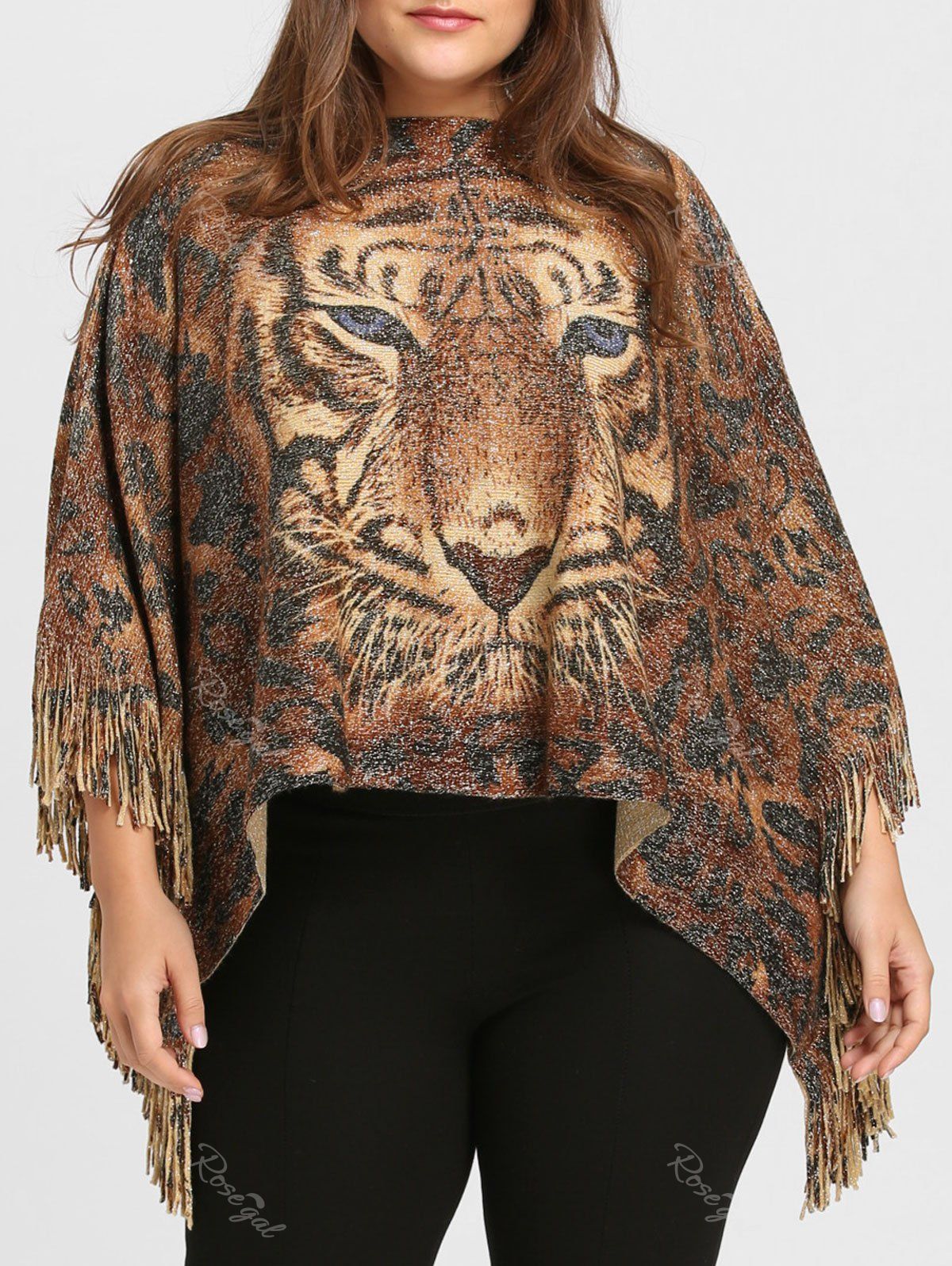 

Tiger Printed Glitter Fringed Plus Size Poncho Sweater, Light brown