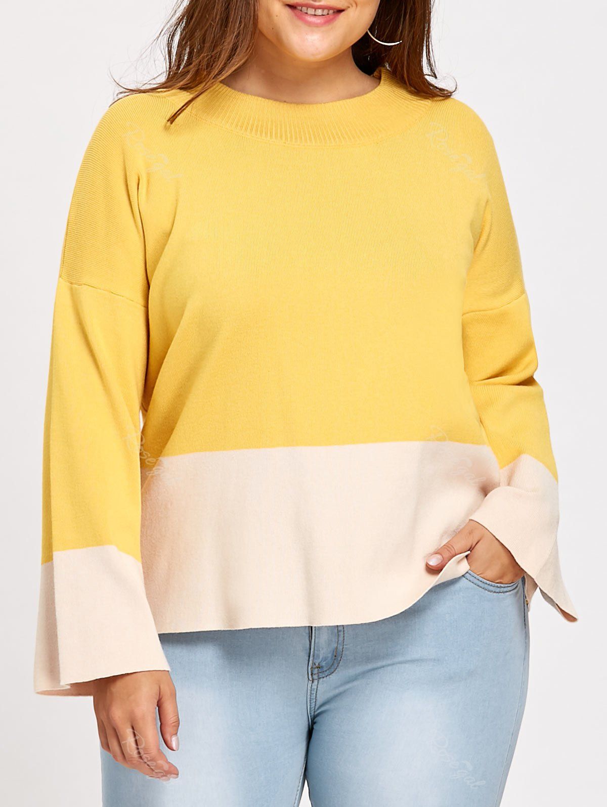 

Color Block Plus Size Mock Neck Sweater, Yellow