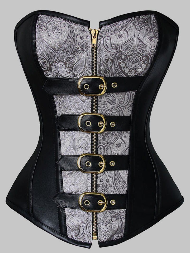

Faux Leather Panel Plus Size Zip Paisley Corset, Gray